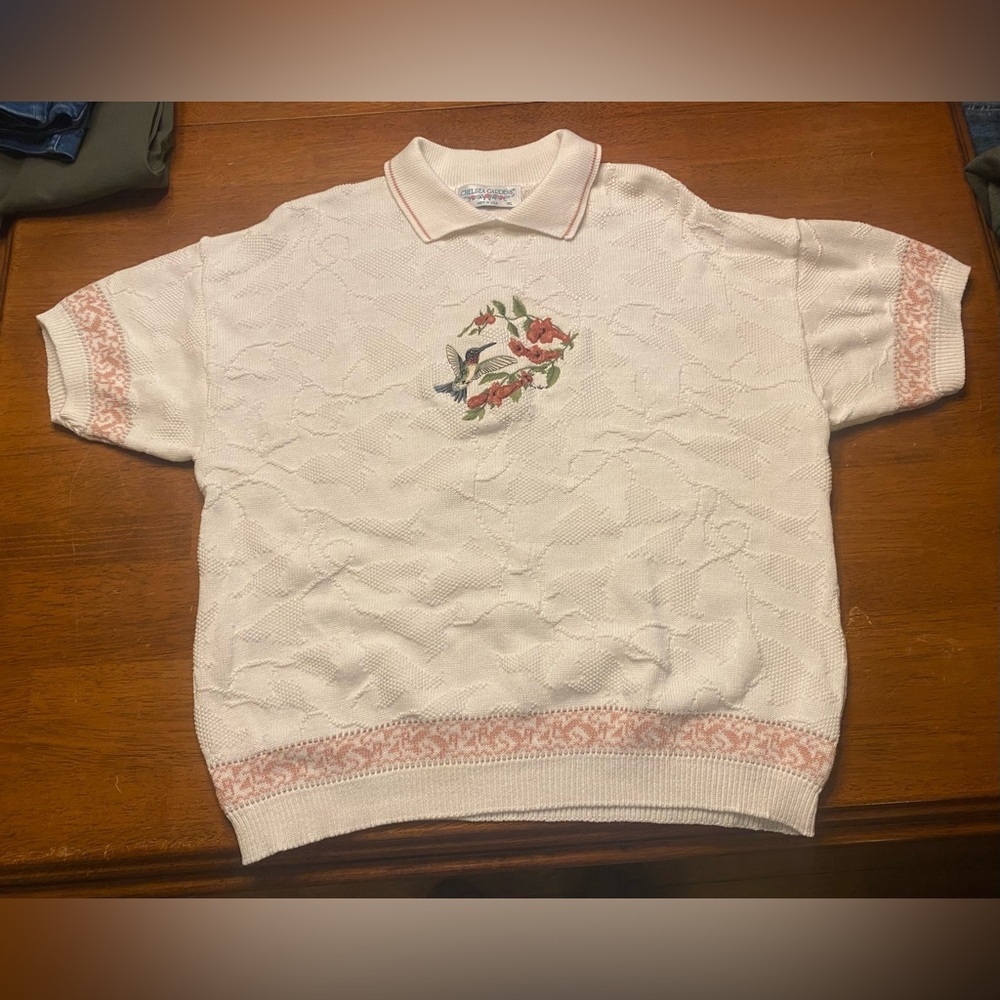 Chelsea Gardens White Knit Hummingbird Knit Grandma Sweater XL
